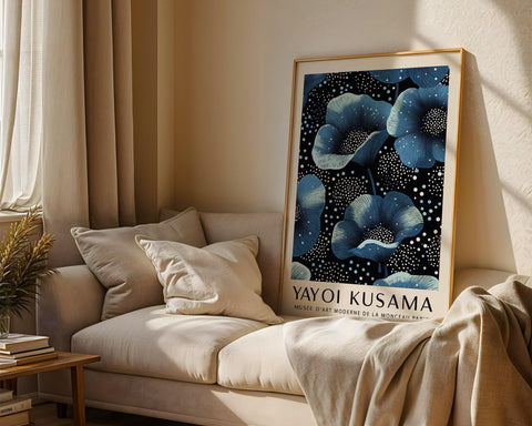 Elegant Yayoi Kusama-inspired blue flower art print