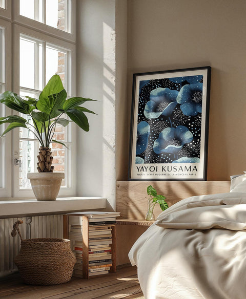 Botanical bedroom wall decor with blue floral patterns