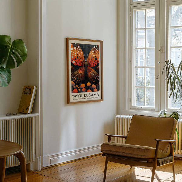 Kusama-inspired abstract butterfly art with dotted patterns and shapes