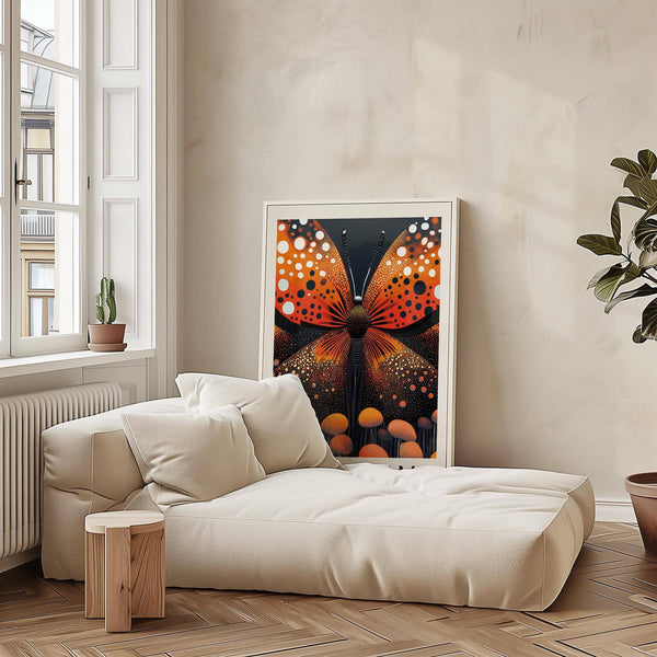 Contemporary abstract butterfly art print with fiery hues and detail