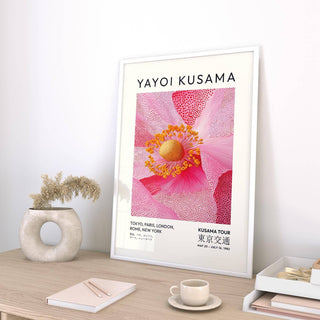 Abstract pink floral wall art with yellow and black accents