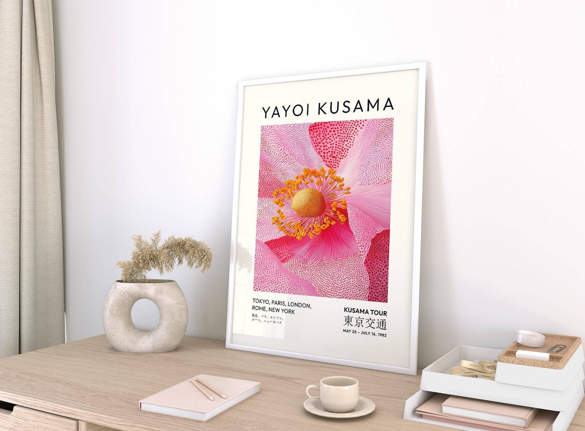 Abstract pink floral wall art with yellow and black accents