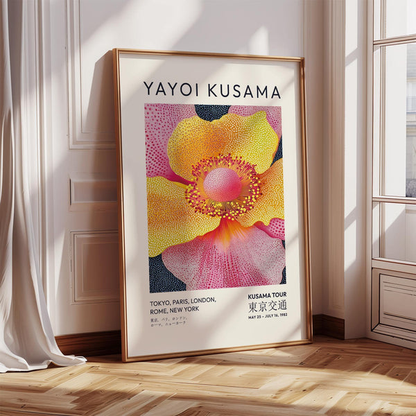 Kusama-inspired floral art prints with dotted petal design