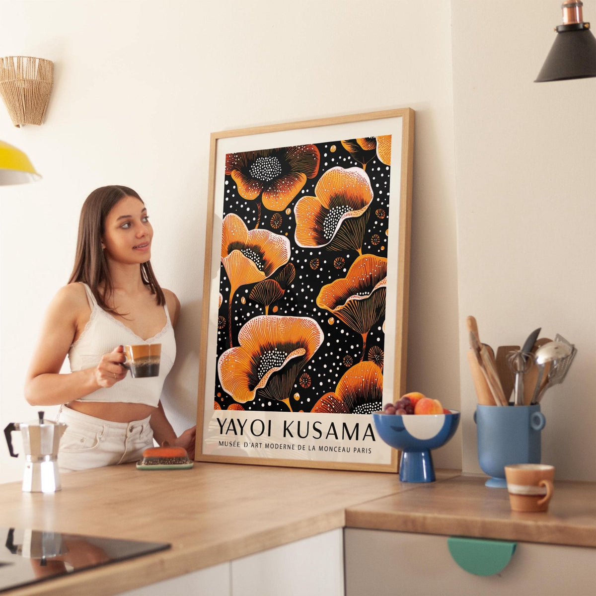 artistic orange print with floral patterns