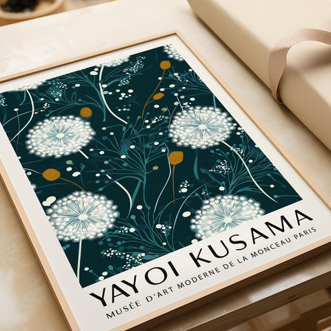 Elegant Kusama floral poster with green and white tones