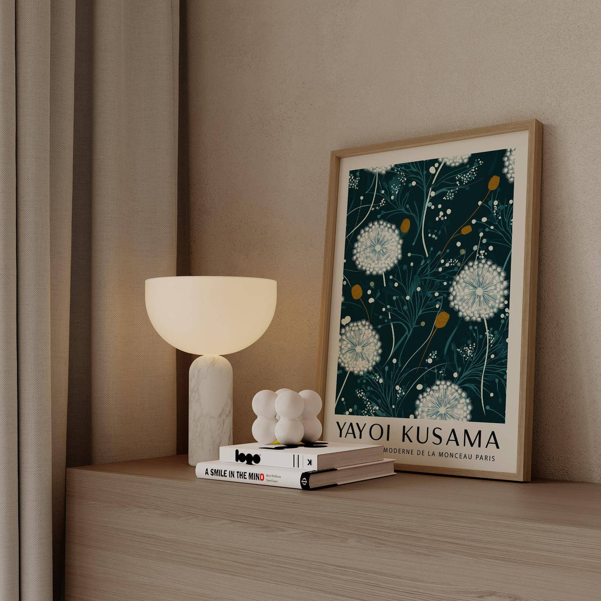 Nature-inspired Yayoi Kusama green print with soft foliage