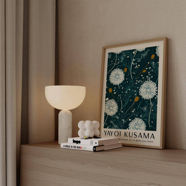 Nature-inspired Yayoi Kusama green print with soft foliage