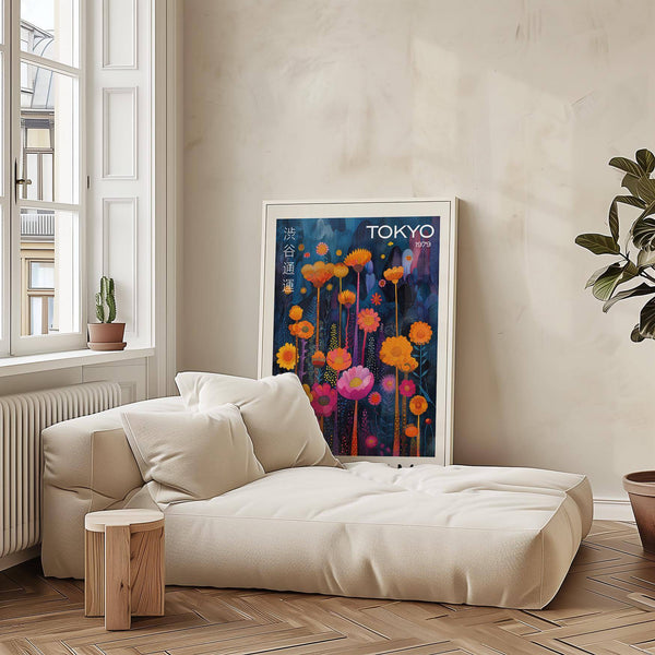 Tokyo-inspired colorful flower wall art with abstract composition