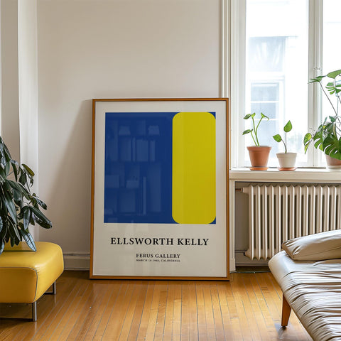 Museum-inspired yellow blue print for living room