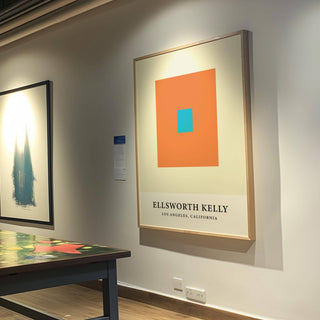 High-contrast Ellsworth Kelly artwork with bold blue and orange