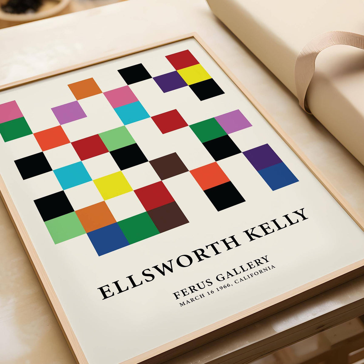 Framed posters for office featuring overlapping vibrant square patterns