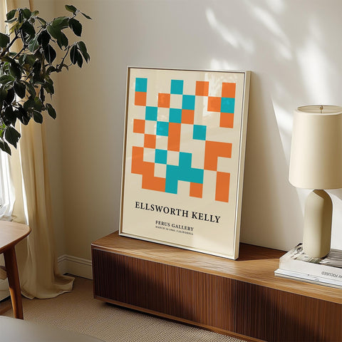 Artistic minimalist orange blue colour block print