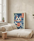 Maneki Neko artwork with a retro-style aesthetic, ideal for living rooms or offices