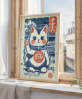 Red and blue Japanese fortune cat wall art, perfect for adding good luck to your space