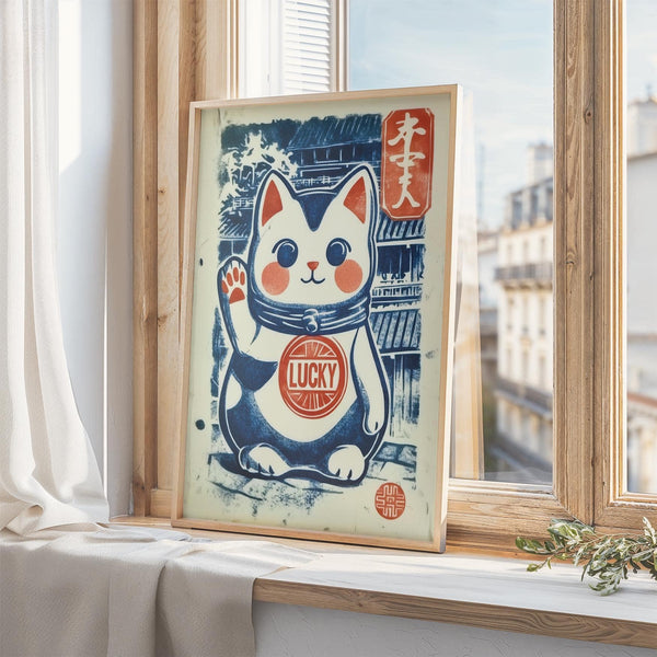 minimalist lucky cat charm print for modern interiors