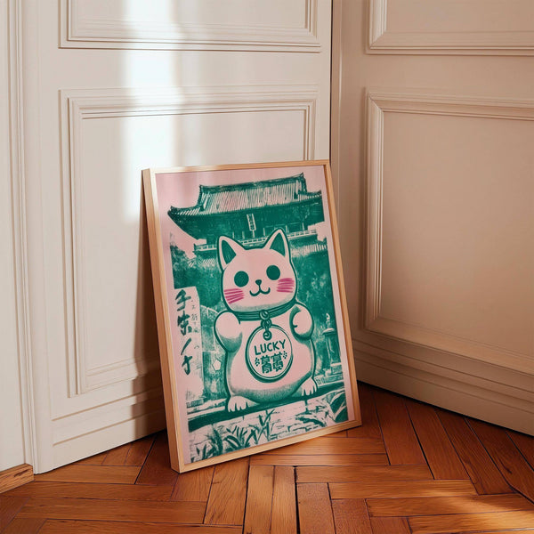 Pink and green Maneki Neko poster used in good luck presents decor