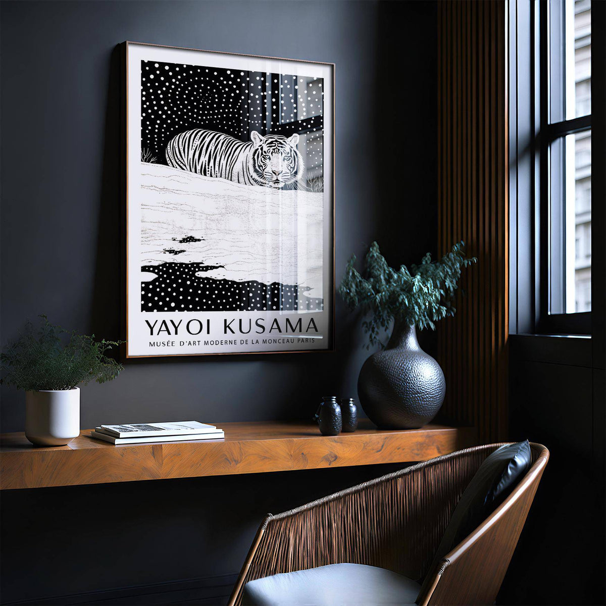 Unique tiger wall art print celebrating Kusama’s experimental style