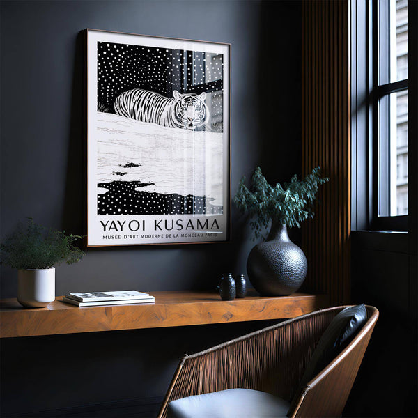 Unique tiger wall art print celebrating Kusama’s experimental style