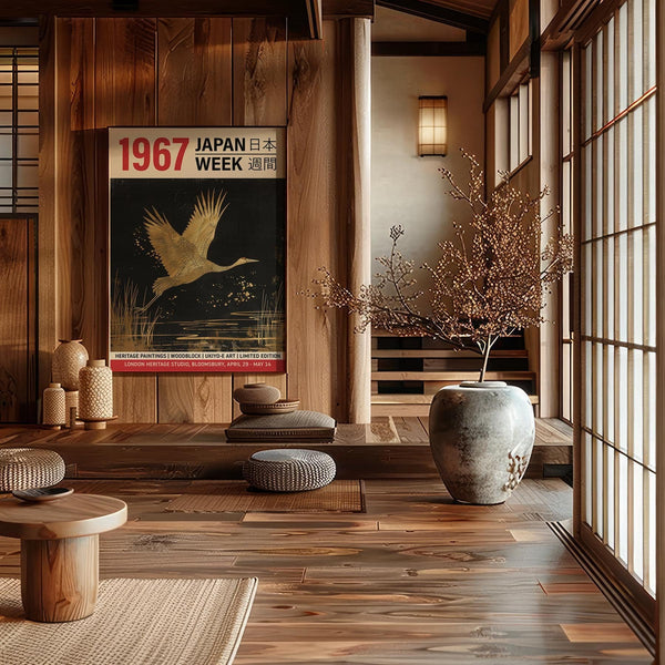 Japanese-inspired large crane wall art capturing elegance and heritage