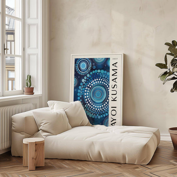 Swirling underwater mandala wall art with rich blue patterns