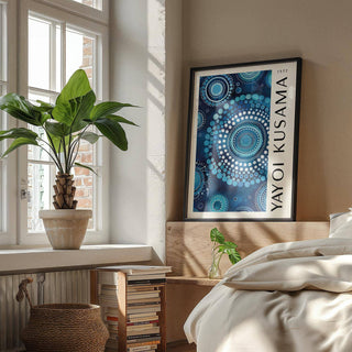 Modern bedroom featuring circular mandala wall art print