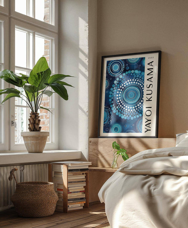 Modern bedroom featuring circular mandala wall art print