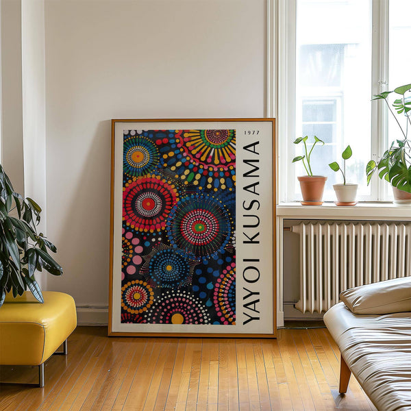 Living room wall styled with Kusama mandala art for wall