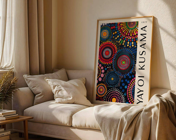 Artistic studio display with circular mandala art for wall print