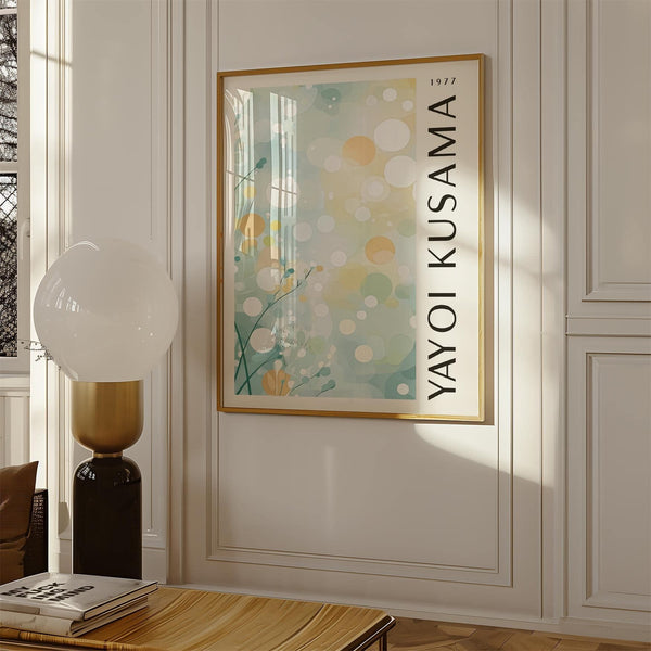 Abstract Kusama-style light blue wall decor with delicate detail