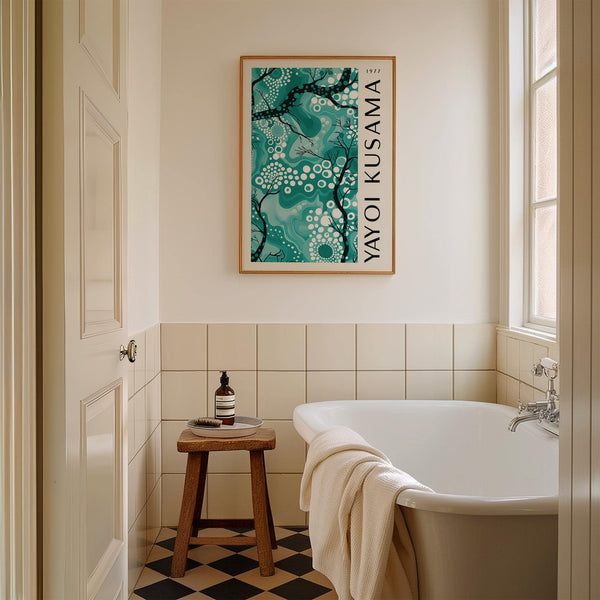 Teal wall decor blending Kusama’s signature dots and movement