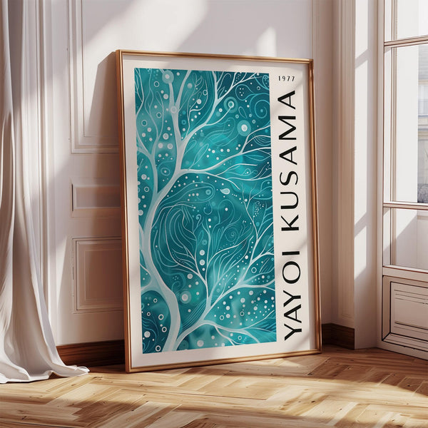 Abstract teal color wall art with organic dotted branch motif