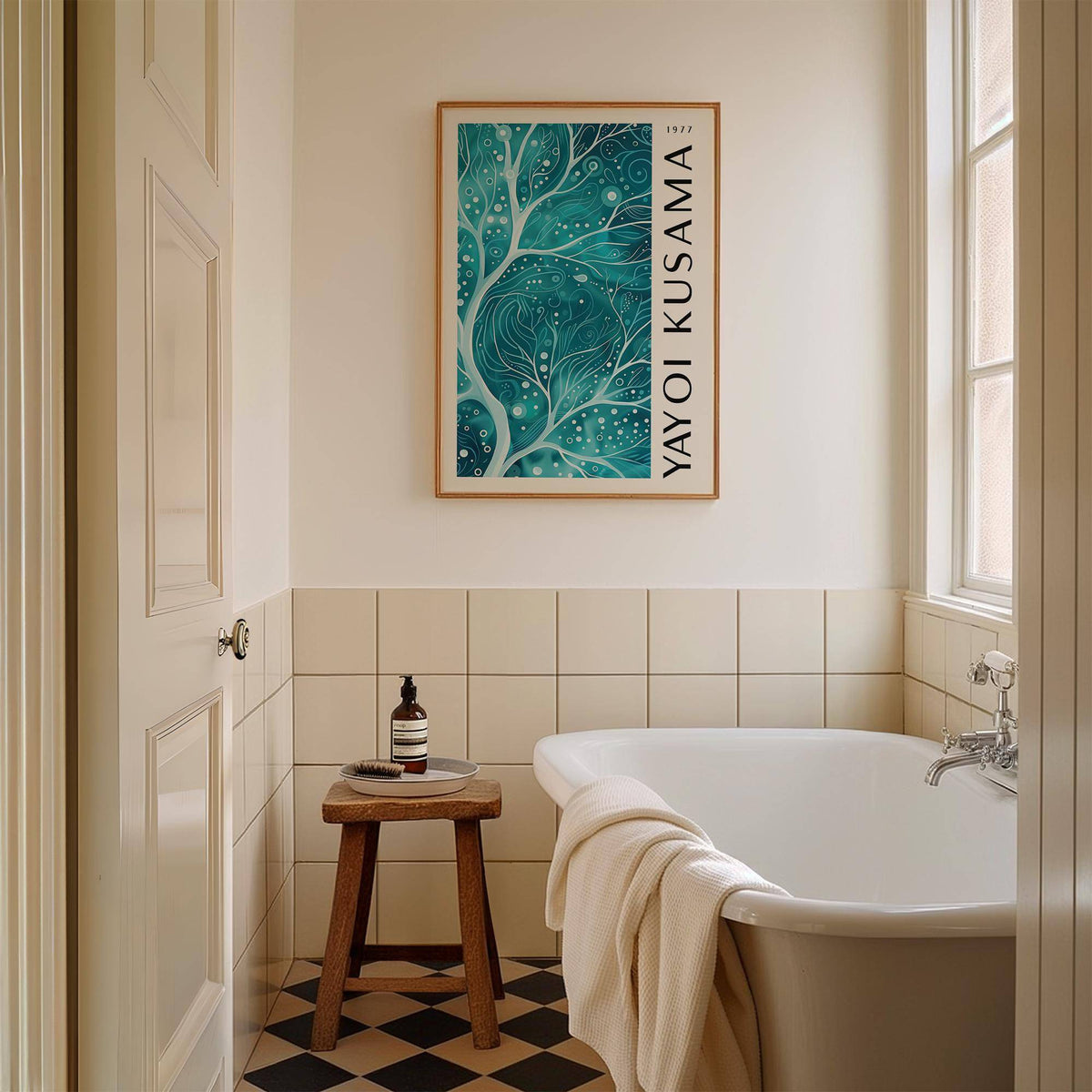 Flowing teal color wall art with texture and repetition for modern bathrooms