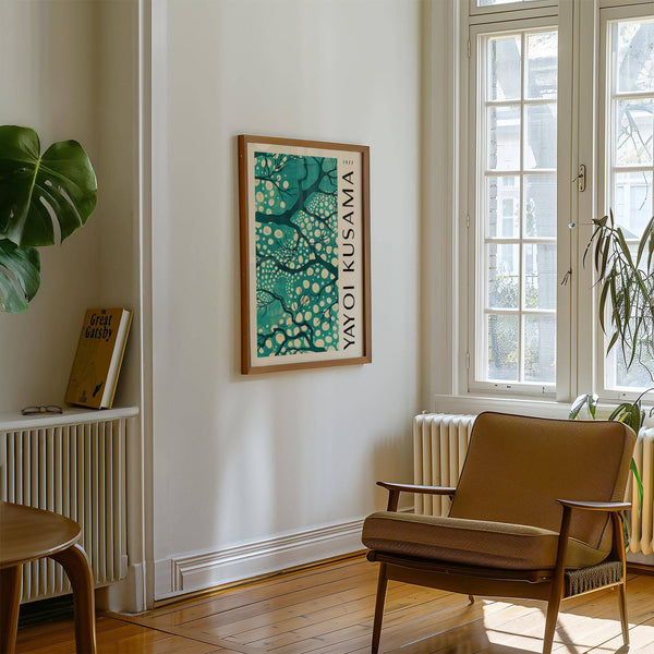 Abstract teal wall art for living room with organic black and white lines