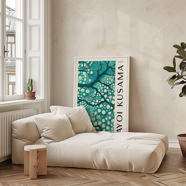 Nature-themed teal wall art for living room with modern minimalist style