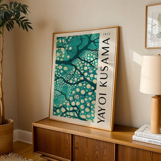 Yayoi Kusama minimalist green poster for living room decor