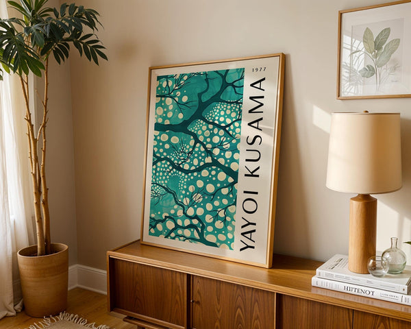 Yayoi Kusama minimalist green poster for living room decor