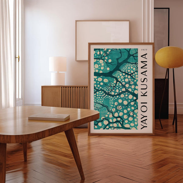 Bold teal wall art for living room featuring abstract branches