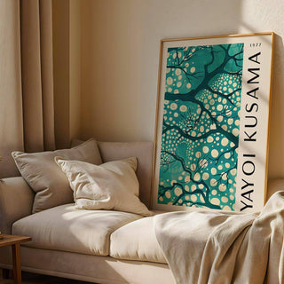 Soft teal dotted wall art for living room with nature elements