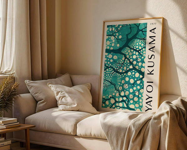 Soft teal dotted wall art for living room with nature elements