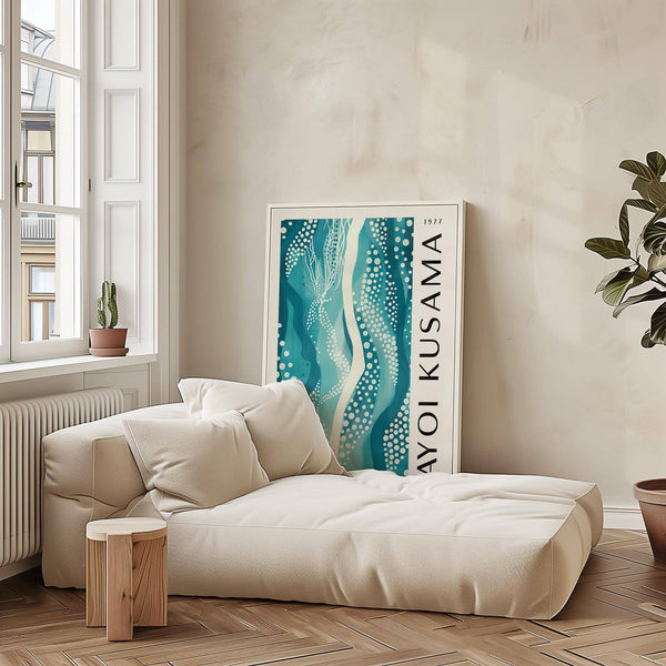 Kusama abstract picture featuring rhythmic teal design for bedroom decor