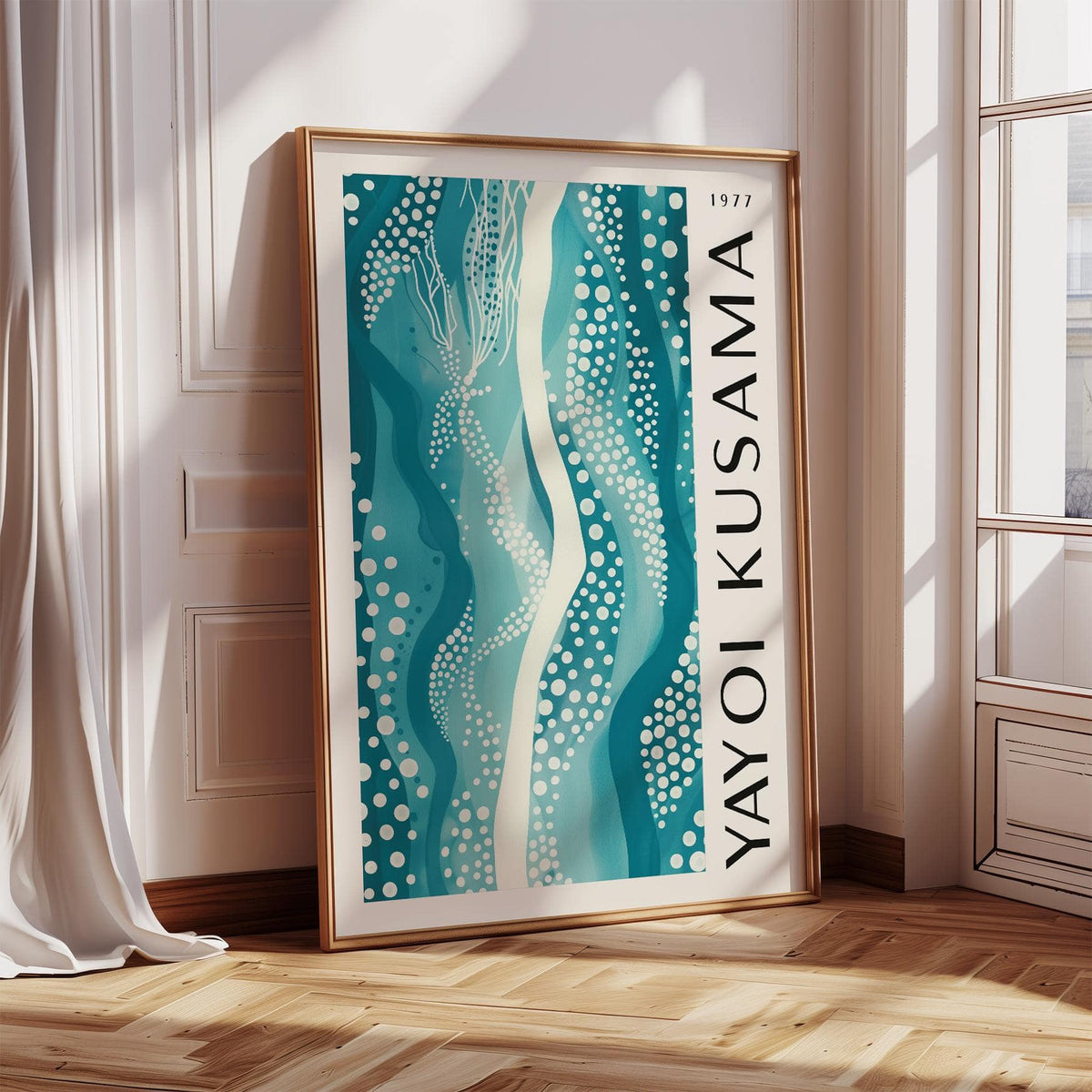 1977 teal abstract picture with fluid forms and dotted patterns