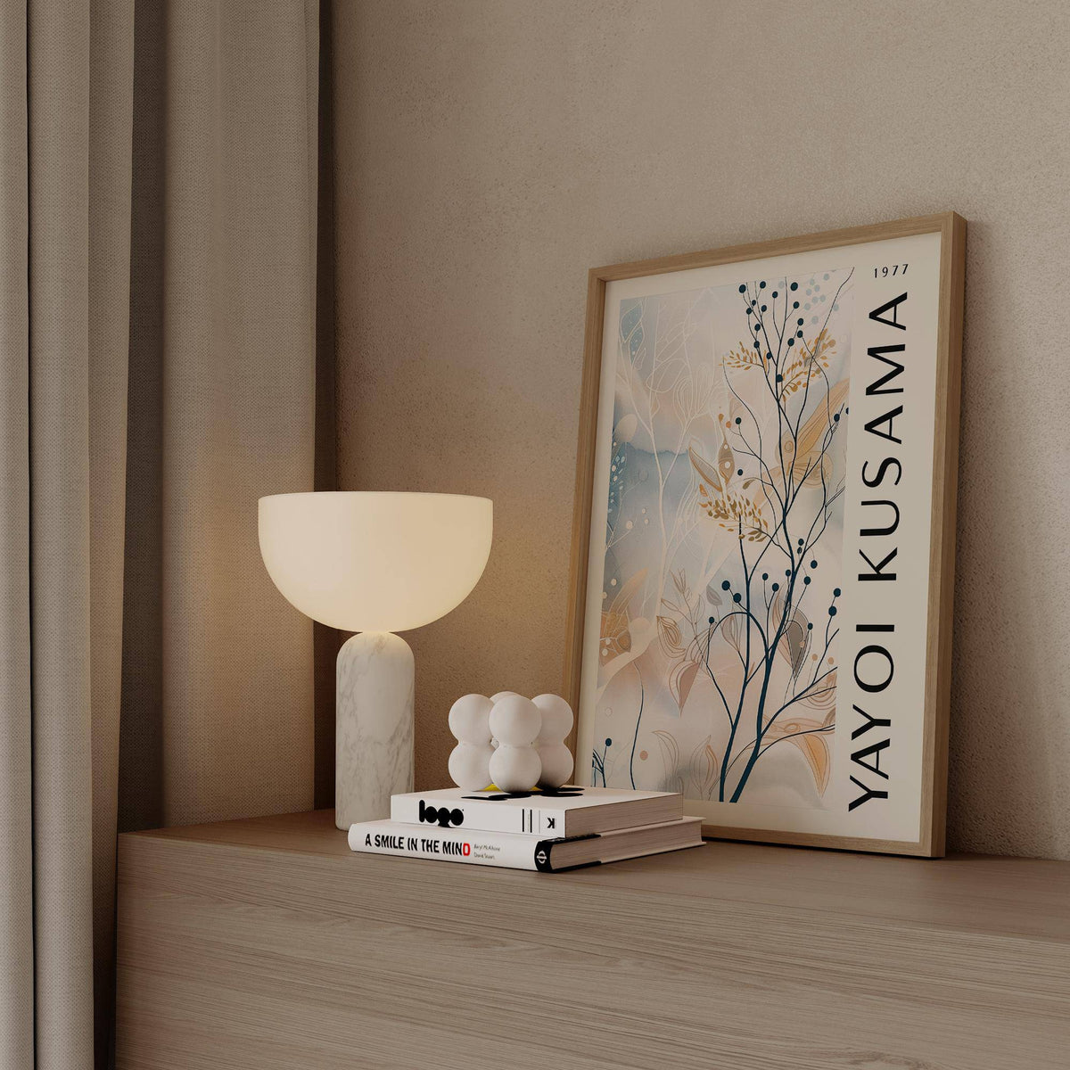 High-contrast large neutral wall art with calming tones