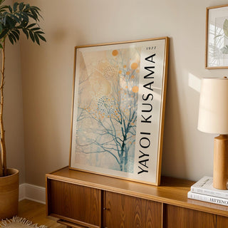 Close-up of gold accents in Kusama-inspired sitting room art