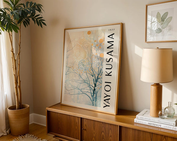 Close-up of gold accents in Kusama-inspired sitting room art