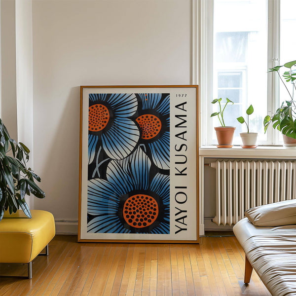 blue living room wall art inspired by Yayoi Kusama