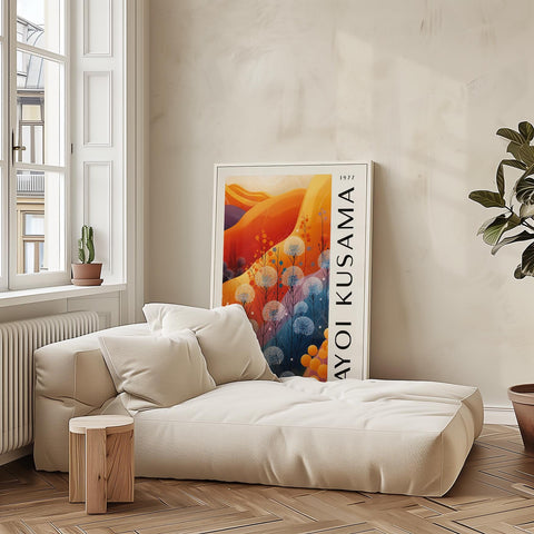 Vibrant nature-inspired wall art with bold orange and blue hues