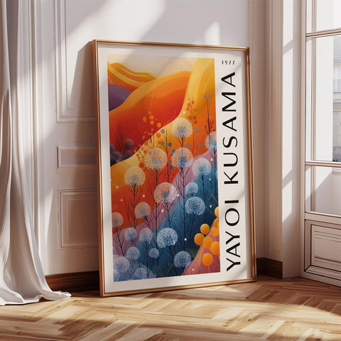 Yayoi Kusama-inspired abstract landscape poster in orange, blue, and yellow tones