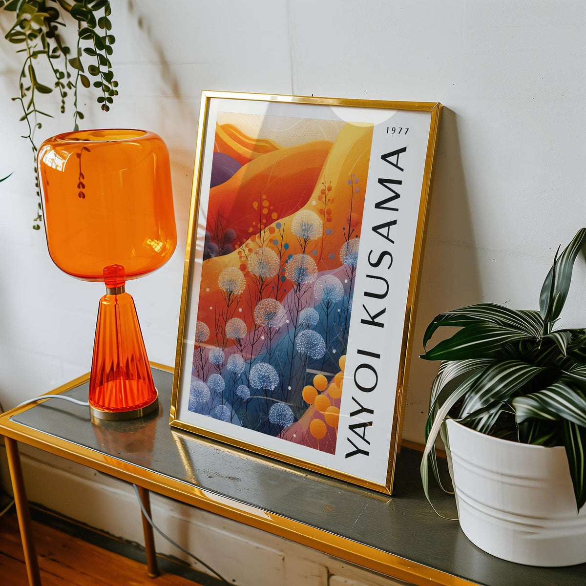 Warm blue orange wall decor with nature-inspired Kusama patterns