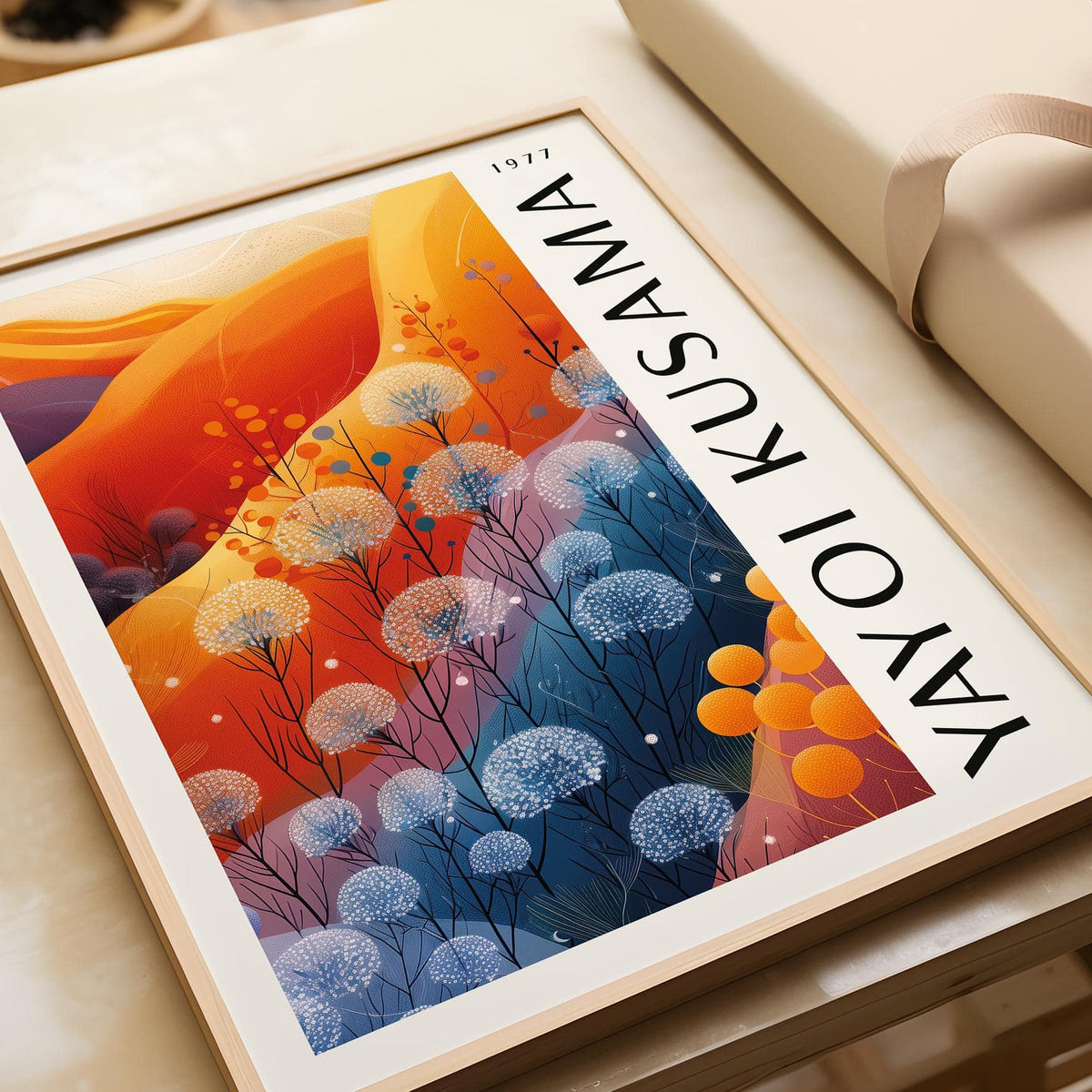 Kusama-style blue orange wall decor for contemporary bedroom styling
