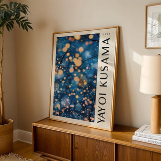 navy blue wall art for living room inspired by Kusama